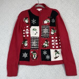 Vtg Holiday Sweater Womens L Red Full Zip Christmas Winter Snowman Grandma 90s